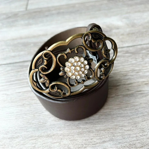 Vintage Jacob Jr Brown Leather  Rhinestones Floral Buckle Belt - Picture 2 of 14